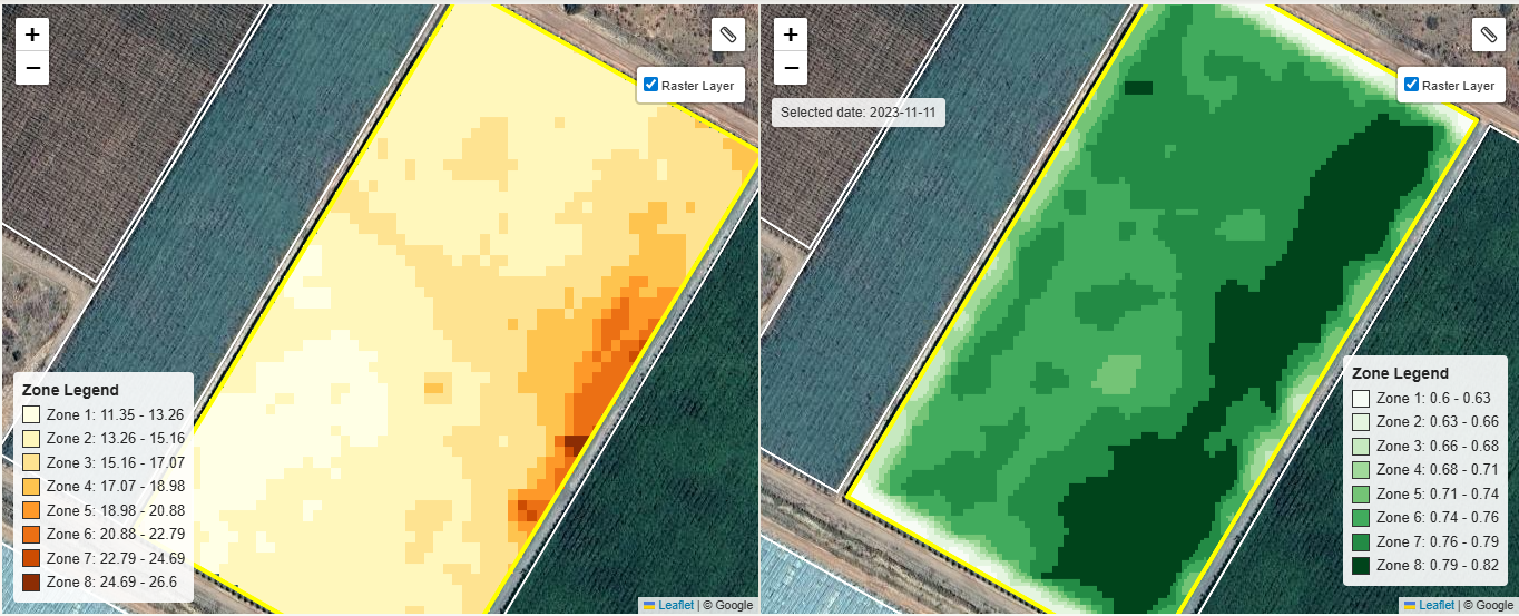 EC soil conductivity map beside canopy NDVI map for the block — the high-EC core carries the strongest canopy
