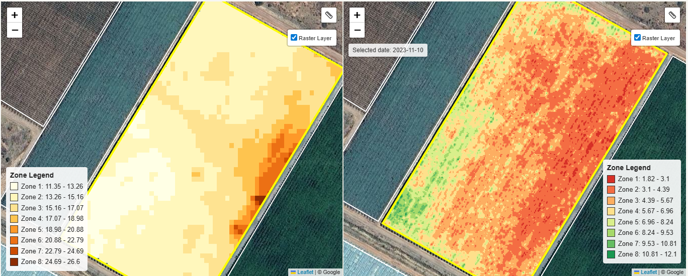 EC soil conductivity map beside the measured yield map for the same block — the same high-EC core runs low on yield