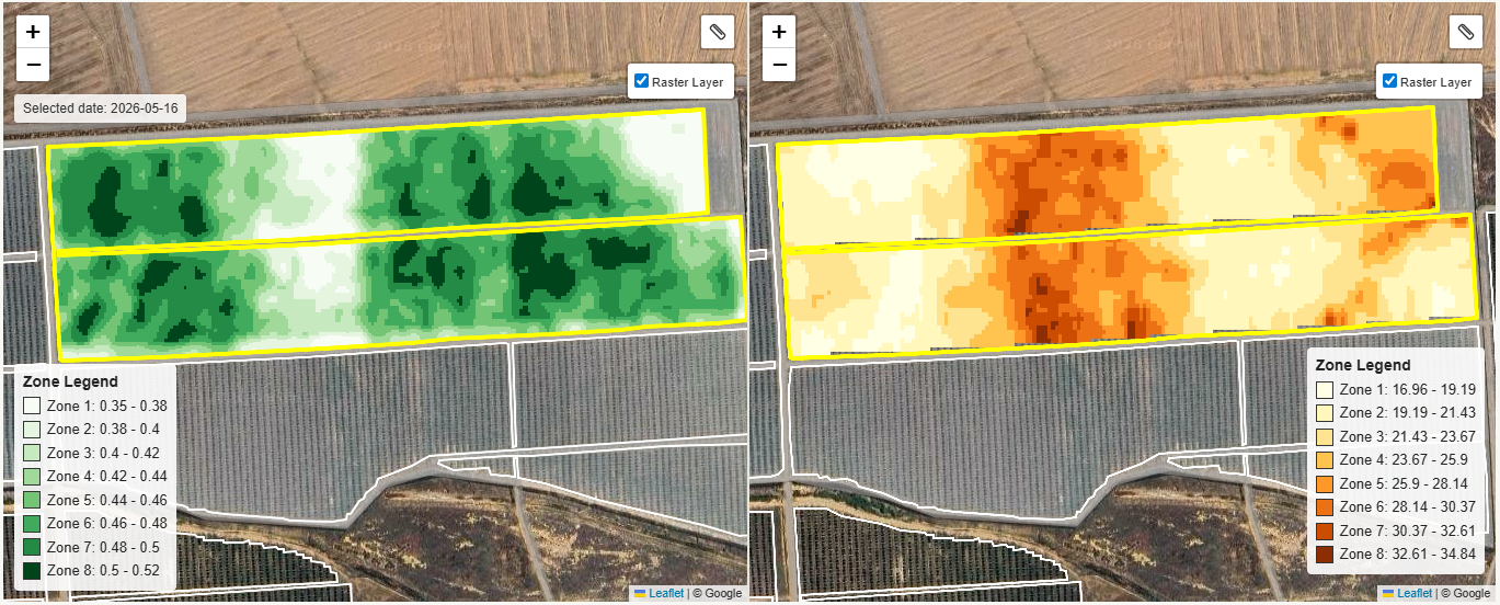 Canopy NDVI map beside deep EC map across two strip blocks